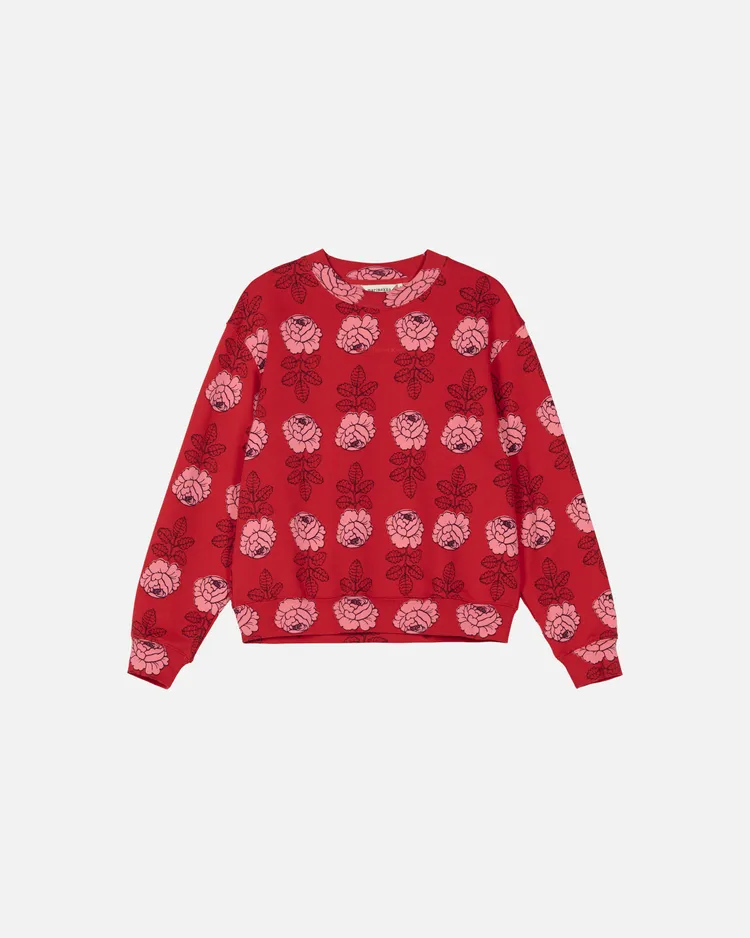Marimekko明亮紅Vihkiruusu婚禮玫瑰印花有機棉長袖上衣，1萬900元。品牌提供