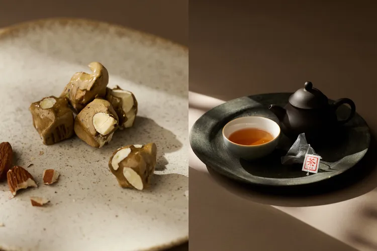 紅茶杏仁牛軋糖甜度平衡，搭配回甘的萃釅普洱茶入口，風味清爽。業者提供