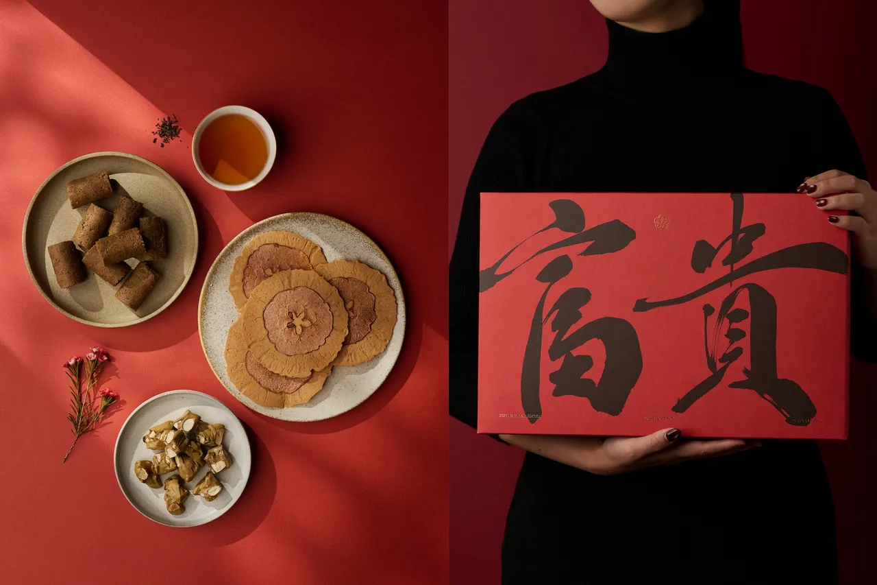 「富贵茶点礼盒」内容集结鹿儿岛焙茶蛋卷、花形苹果米饼、红茶杏仁牛轧糖与萃酽普洱茶。业者提供