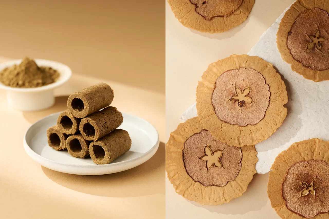 鹿儿岛焙茶蛋卷香气温润，花形苹果米饼保留自然果纹，茶香与果香交织。业者提供