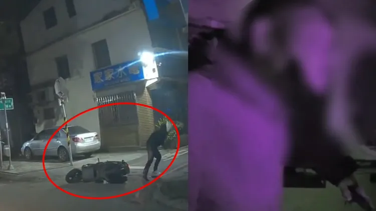 陈男身揹通缉又吸毒竟大胆不戴安全帽骑车上路，遭警方拦检弃车逃逸，体力又跑不过男警员，当场被逮。翻摄画面