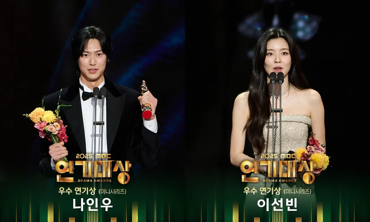 罗人友（左图）、李先彬得到优秀男女演员奖。翻摄MBC