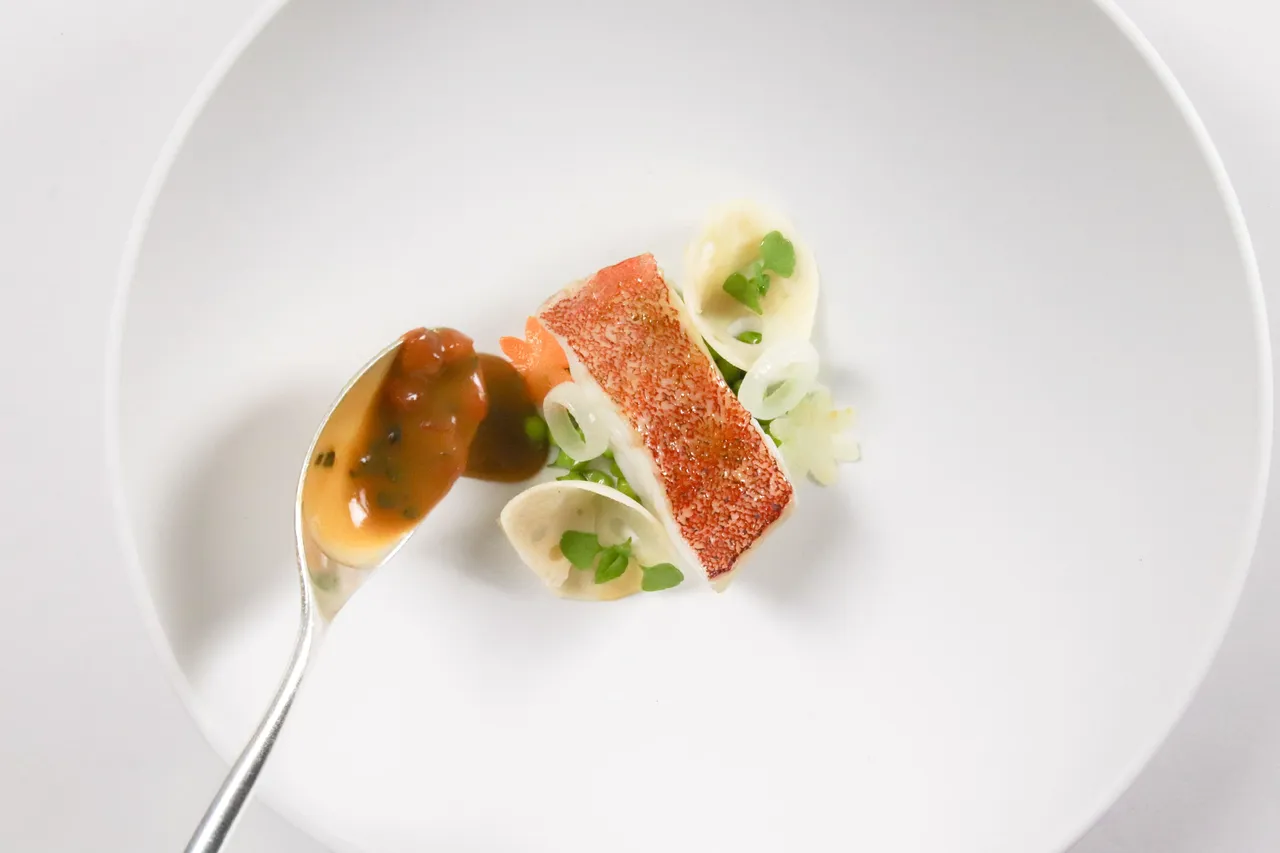 季节鲜鱼 茴香酒 番茄 选用新鲜红条鱼，整体口感清爽优雅，层次鲜明而富有季节感。业者提供