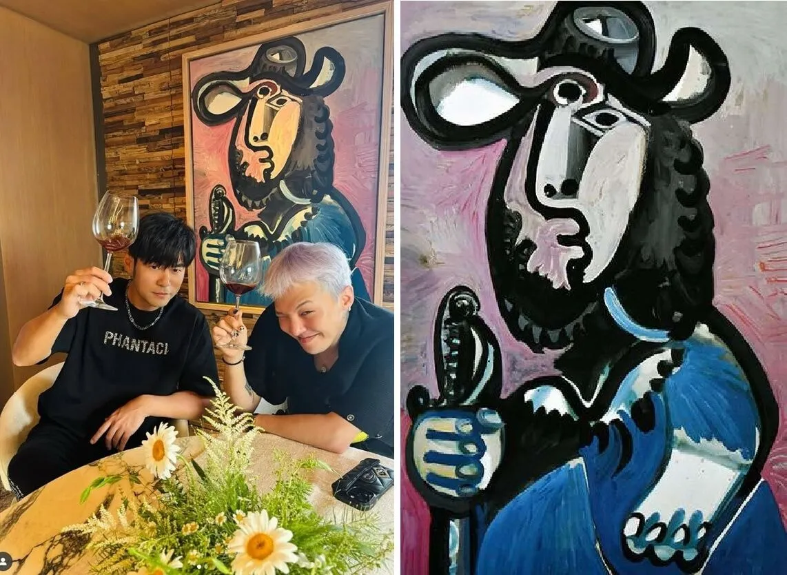 周杰伦（左图左）与GD梦幻同框，背后是毕卡索画作。, 左图翻摄自周杰伦 IG、右图U.S. Auction Brokers拍卖官网