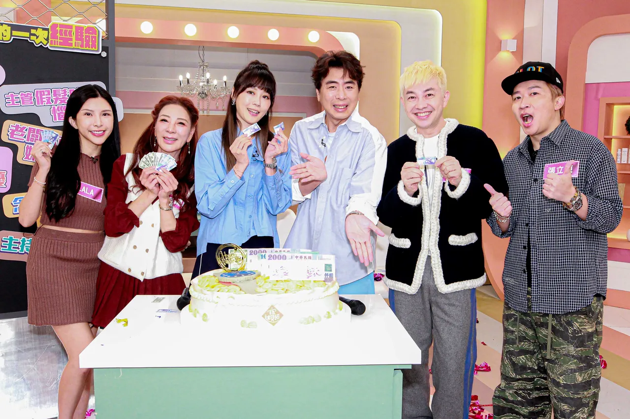 （左起）LALA、楊繡惠、嚴立婷、梁赫群、李明川、張立東。民視提供