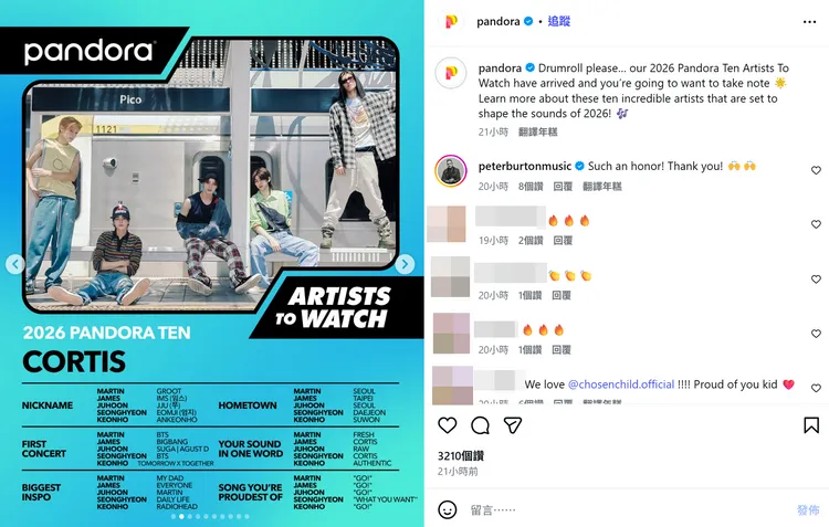 美國串流平台Pandora Music推薦CORTIS的音樂，圖卡寫到JAMES（趙雨凡）家鄉為台北。翻攝pandora IG