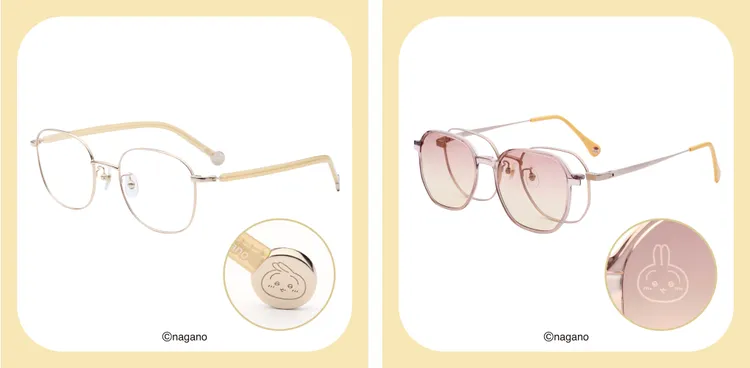 兔兔金屬框系列，以金色襯托，兔兔與栗子饅頭 Switch系列鏡腳兩側分別印有兔兔與栗子饅頭角色雷射雕刻。