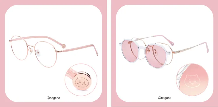 吉伊卡哇系列金屬框(金)，鏡腳為吉伊卡哇雷射雕刻；Switch款桃紅色前片可襯托紅潤氣色。