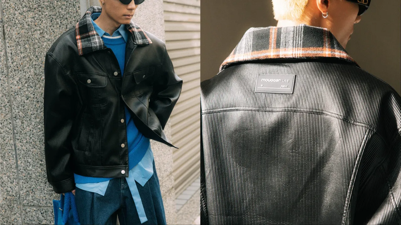 仿皮革外套运用坑条设计、格纹领片增添亮点。品牌提供