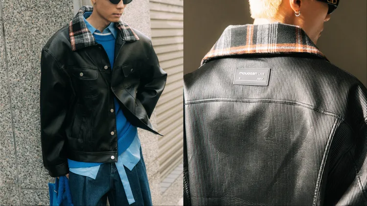 仿皮革外套運用坑條設計、格紋領片增添亮點。品牌提供
