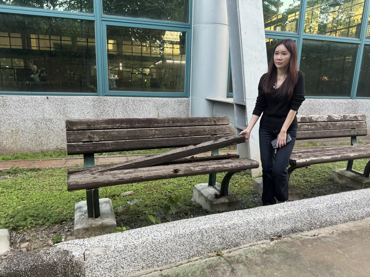 休憩木椅腐朽破损。陈怡君提供