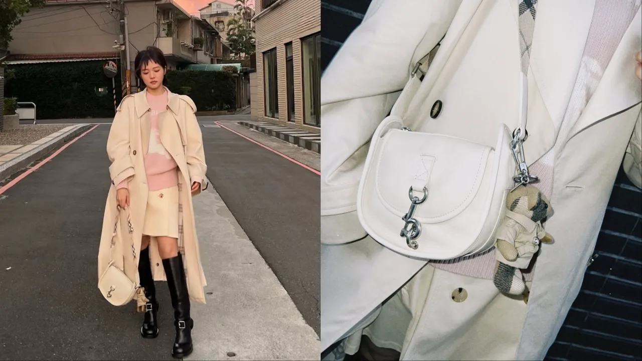 林廷忆以经典Burberry风衣外套搭配奶油白迷你B Clip信差包。品牌提供