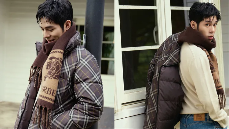 詹懷雲選穿松露棕雙面兩穿羽絨外套搭配戰馬騎士圍巾。品牌提供