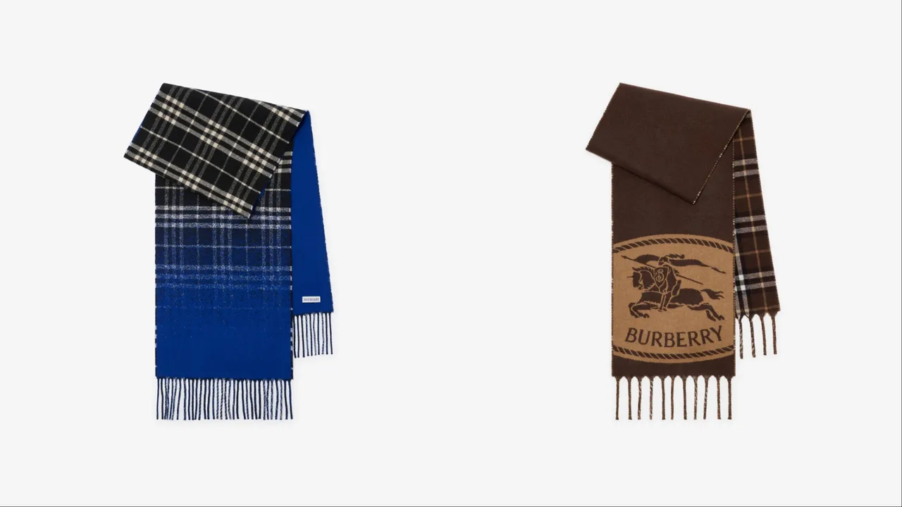 Burberry黑色&棉布白色渐变格纹喀什米尔围巾（左）、糖蜜色双面两用战马骑士标记围巾 （右），各2万2900元。品牌提供