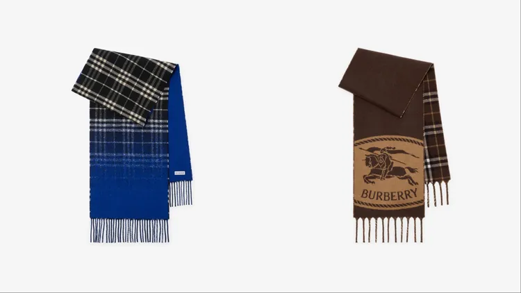 Burberry黑色&棉布白色漸變格紋喀什米爾圍巾（左）、糖蜜色雙面兩用戰馬騎士標記圍巾 （右），各2萬2900元。品牌提供
