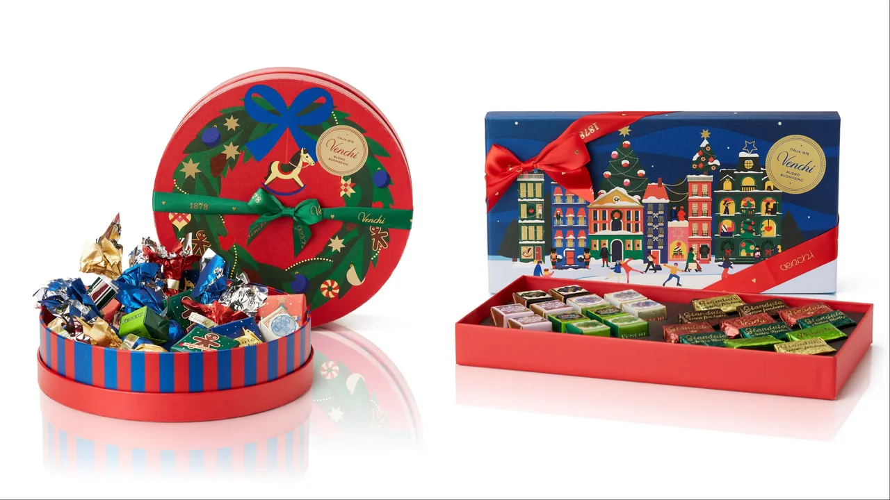 Venchi中圆型精选巧克力（左）2600元、蓝长型克米诺巧克力+巧克力角（右）1810元。品牌提供