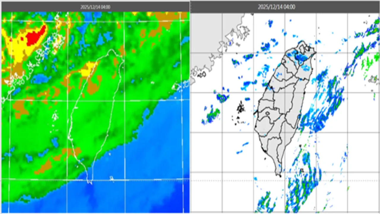 台湾上空的云层消散中，雷达图亦显示降水回波南移。气象应用推广基金会