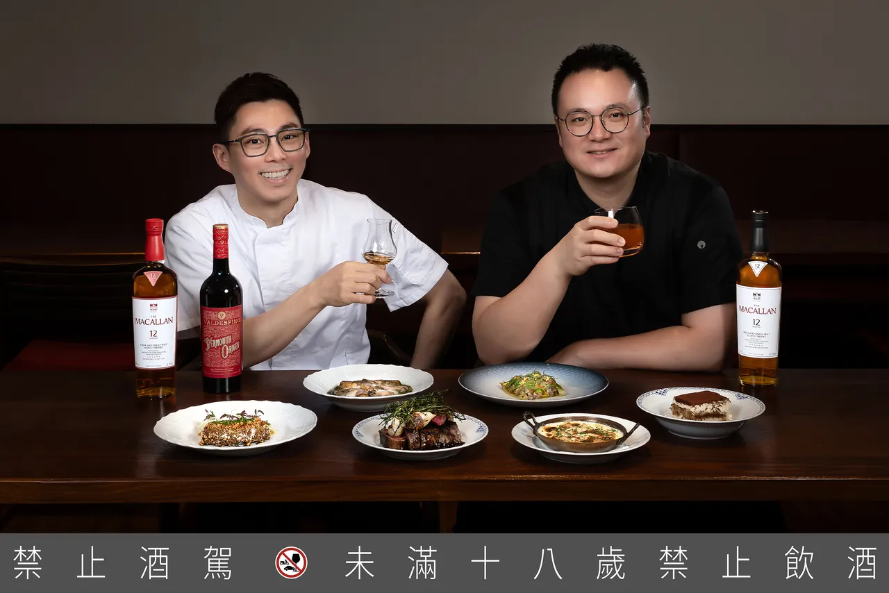 以巧克力與威士忌調製的和牛醬汁，反映出桶陳香氣與油脂的深色調性。餐酒比例被主廚形容為「能延展香氣的媒介」。業者提供