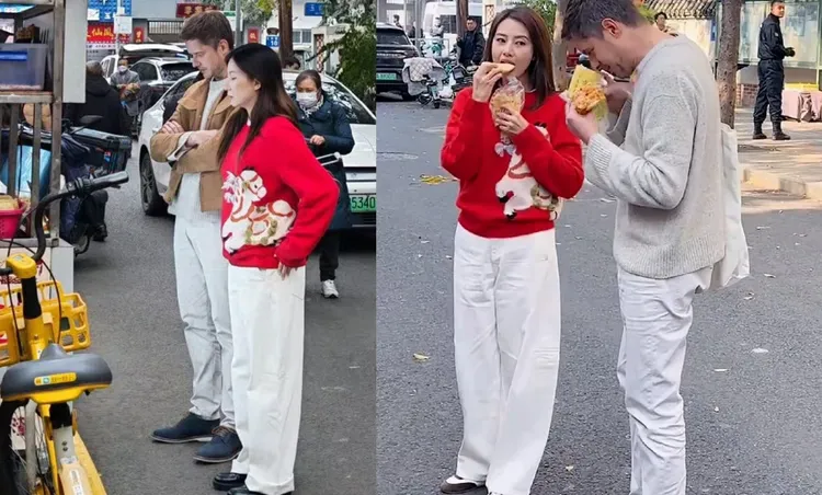 洋主廚就沒有光替待遇，要先和高圓圓的光替試拍（左圖），之後和高圓圓本尊正式錄製（右圖）。翻攝娛樂圈新鮮事微博