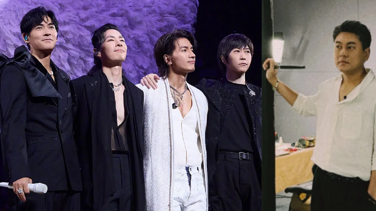 F3+阿信在上海舉行演唱會，朱孝天（右）則於日前透露F4破局內幕。翻攝阿信微博、朱孝天微博