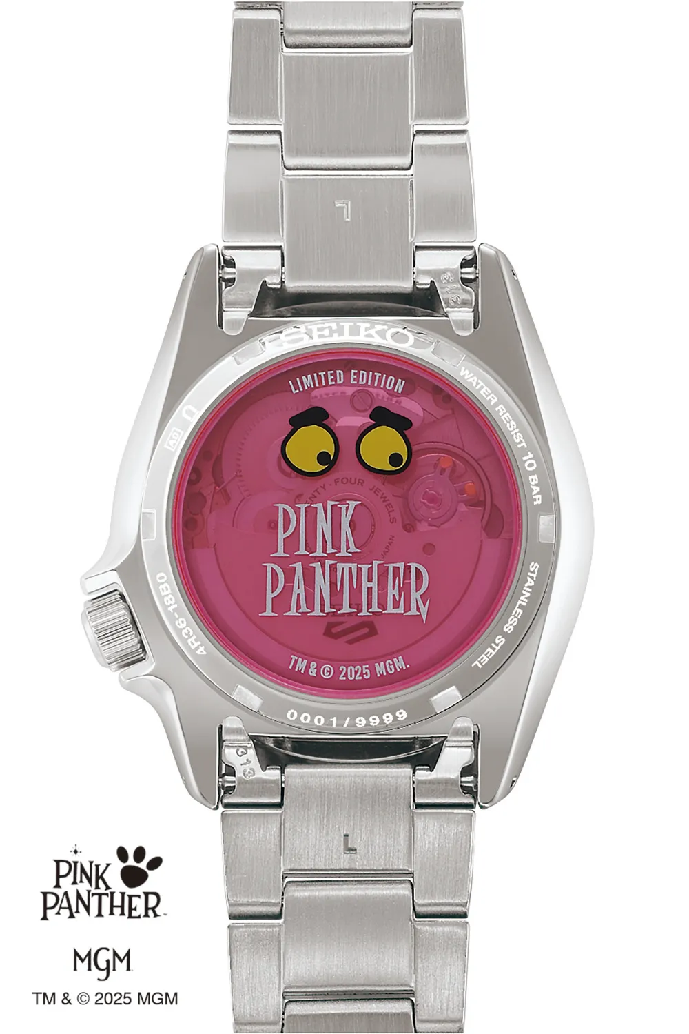 透明底盖上印有令人印象深刻的粉红豹贴在粉红墙面上的经典场景。品牌提供