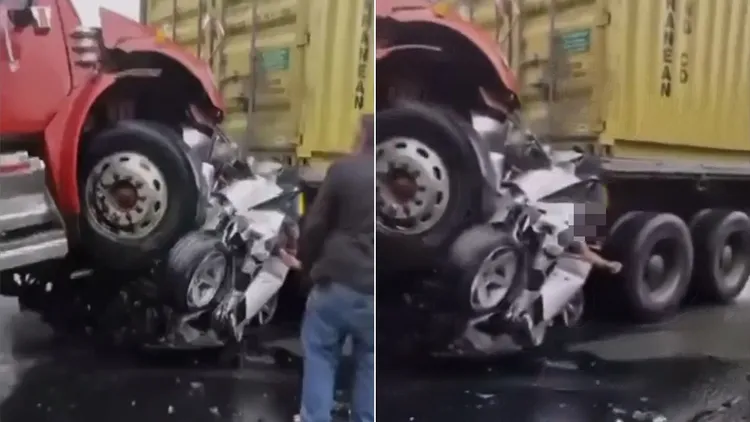 轎車被兩輛貨櫃車夾扁。翻攝自X