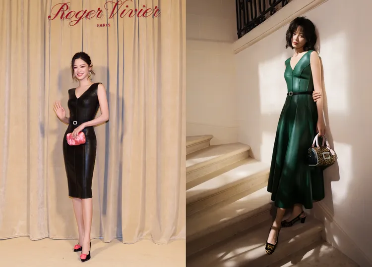 辛芷蕾以皮裙演繹Roger Vivier優雅又有個性的玫瑰鞋、經典方扣鞋。品牌提供