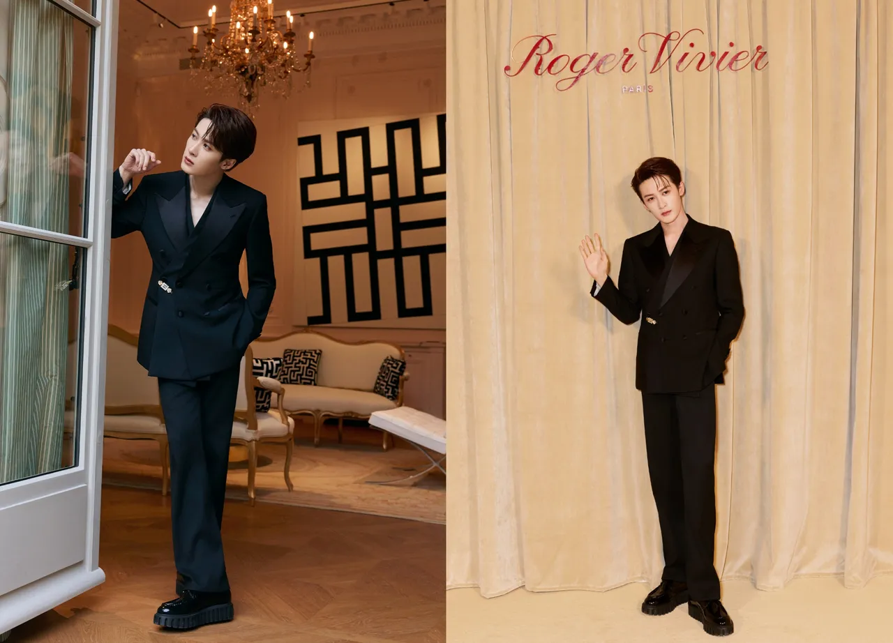 檀健次換上一身不規則剪裁的黑色排扣西裝，並在腰間以鑽扣裝飾點綴。品牌提供