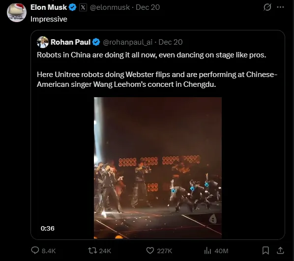 马斯克在X转发王力宏与机器人舞者共舞的影片。翻摄马斯克X