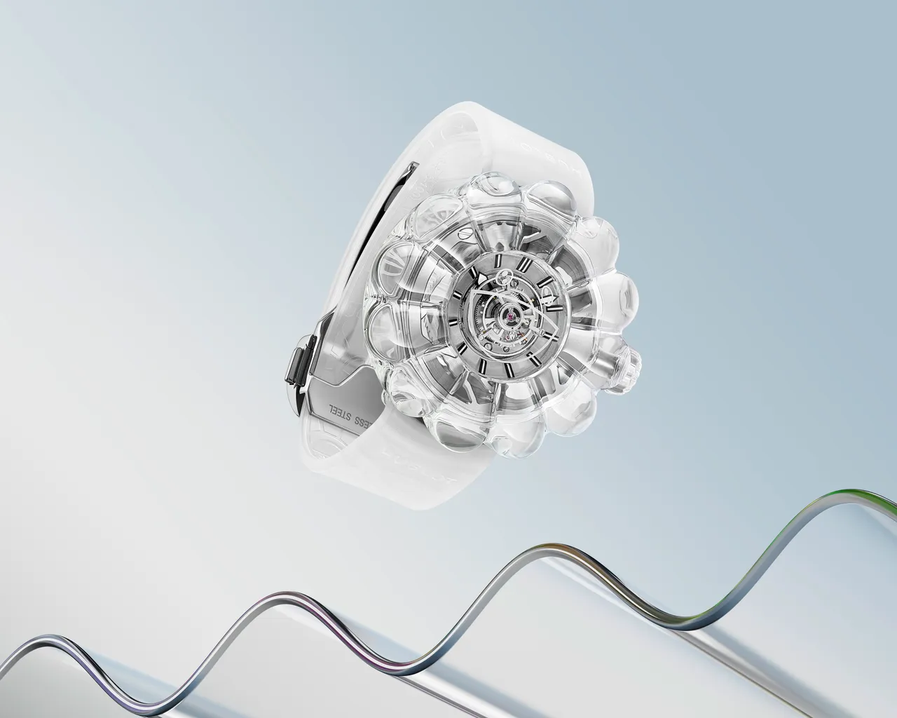 Hublot MP-15村上隆蓝宝石陀飞轮腕表，42mm，抛光蓝宝石镜面表壳，抛光透明复合树脂表盘，透明印花橡胶表带，HUB9015手动上链中置陀飞轮机芯，动力储存约150小时，防水深度30米，限量50只，1018万5000元。品牌提供