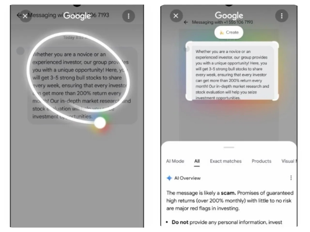 Google推出新版「畫圈搜尋」，可直接在螢幕圈選可疑內容，由AI即時解析是否涉及詐騙，提升手機防護能力。Google官網