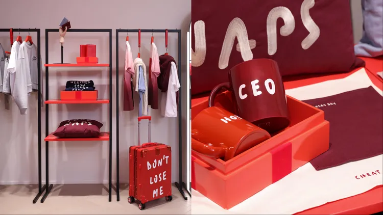 與藝術家Pietro Terzini攜手推出的「1-800 Gift Alert」聯名系列，將幽默文字轉化為時尚元素。品牌提供