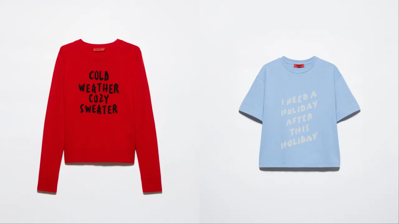 MAX&Co.「1-800 Gift Alert」联名系列小圆领针织衫（左）1万5300元、粉蓝字母标语箱型短版T-shirt（右）5900元。品牌提供