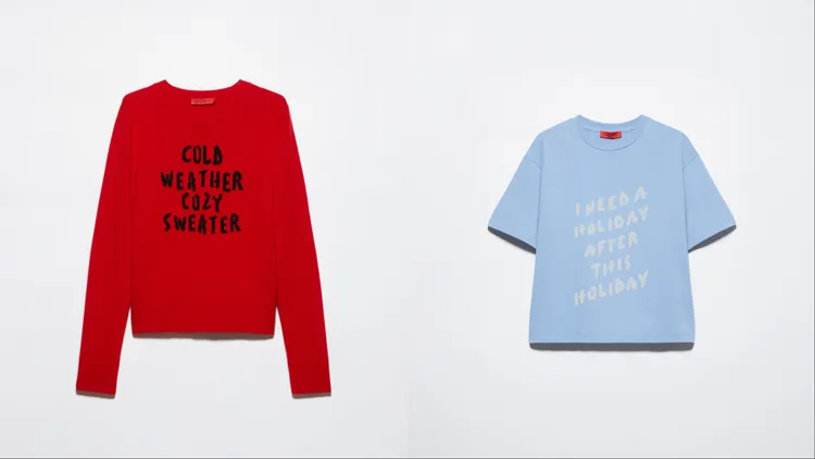 MAX&Co.「1-800 Gift Alert」聯名系列小圓領針織衫（左）1萬5300元、粉藍字母標語箱型短版T-shirt（右）5900元。品牌提供