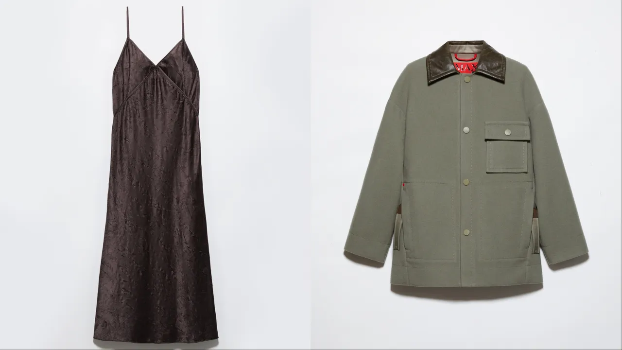 MAX&Co.可可棕立体压纹缎面洋装（左）1万2700元、鼠尾草绿工装衬衫大衣 （右）2万6700元。品牌提供