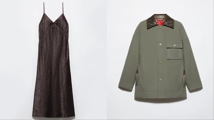 MAX&Co.可可棕立體壓紋緞面洋裝（左）1萬2700元、鼠尾草綠工裝襯衫大衣 （右）2萬6700元。品牌提供