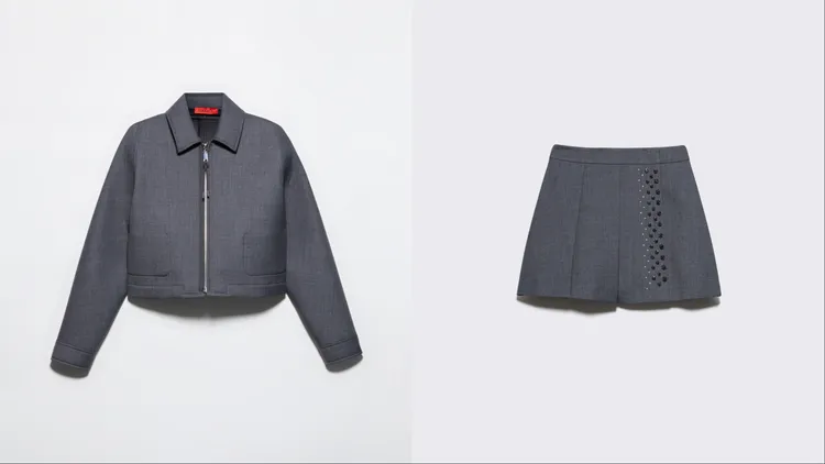 MAX&Co.石墨灰箱型短版工裝外套（左）1萬6700元、水鑽鉚釘裝飾短裙（右）1萬1300元。品牌提供