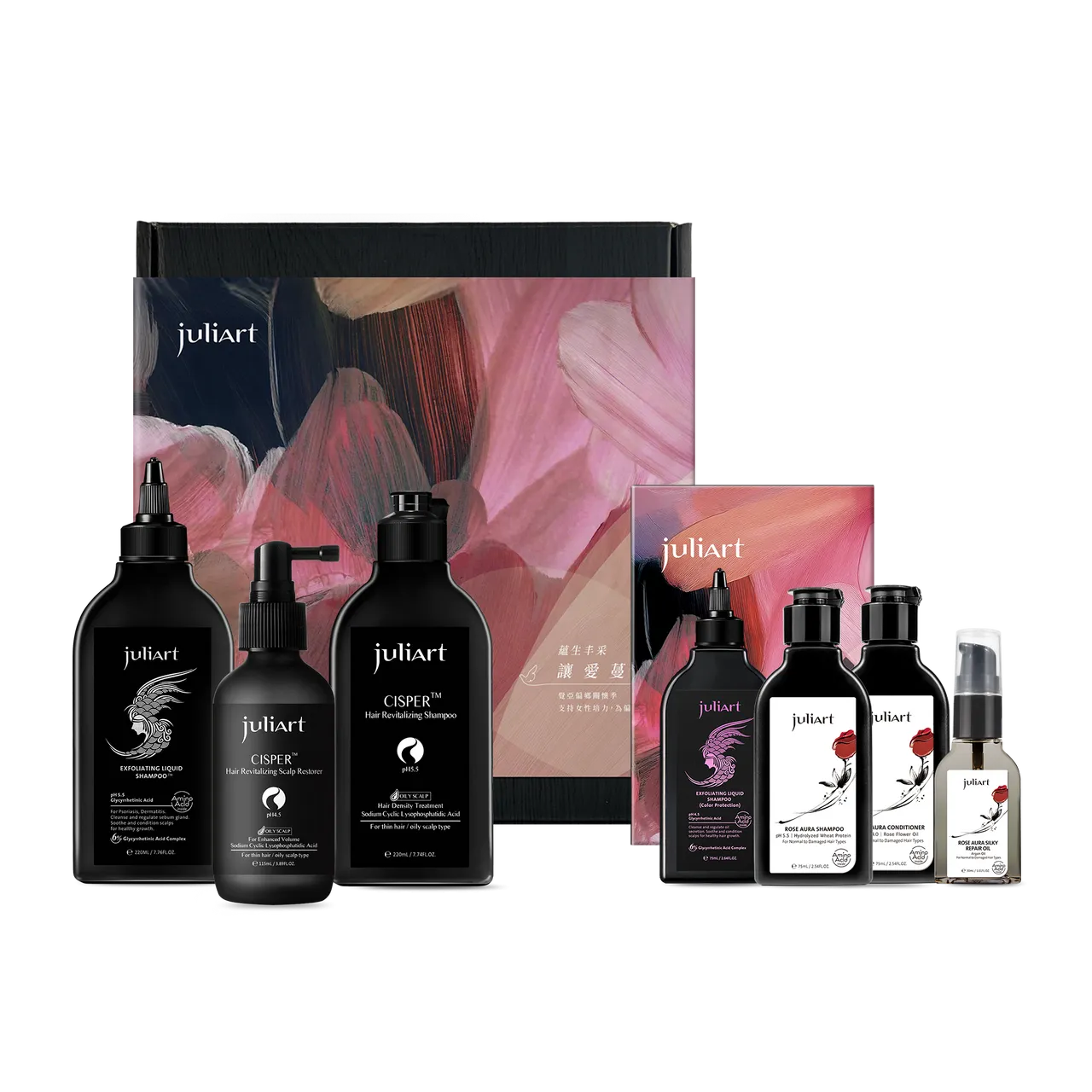 juliArt玫瑰公益礼盒组（甘草次酸角质净化液经典版200ml+高阶养护洗发精220ml+高阶养护养发液115ml+玫瑰旅行四入组），公益价3590起（购买即捐赠100元）。品牌提供