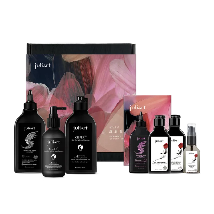 juliArt玫瑰公益禮盒組（甘草次酸角質淨化液經典版200ml+高階養護洗髮精220ml+高階養護養髮液115ml+玫瑰旅行四入組），公益價3590起（購買即捐贈100元）。品牌提供