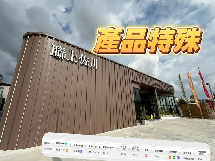 河堤社区预售屋大楼「联上佐川」，3楼65.14坪内含1个地下5楼单价230万元车位，总价成交2320万元，若拆算后每坪成交37.04万元，河堤出现3字头，主因就是坪数大，购屋总价带高，加上工程期长达8年。叶家铭摄