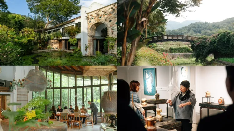 苗栗三義的「櫟莊園美術館」由私人宅邸轉化的空間，以永續建材構築，園區內更展出日本備前燒大師「安倍安人」的經典陶藝作品。業者提供