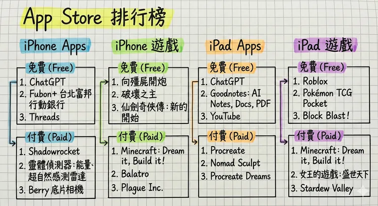 Apple公布2025年台灣App Store年度排行榜，從免費App到遊戲、付費創作工具完整揭露各類別下載前三名，ChatGPT、Minecraft等熱門作品榜上有名。AI製表