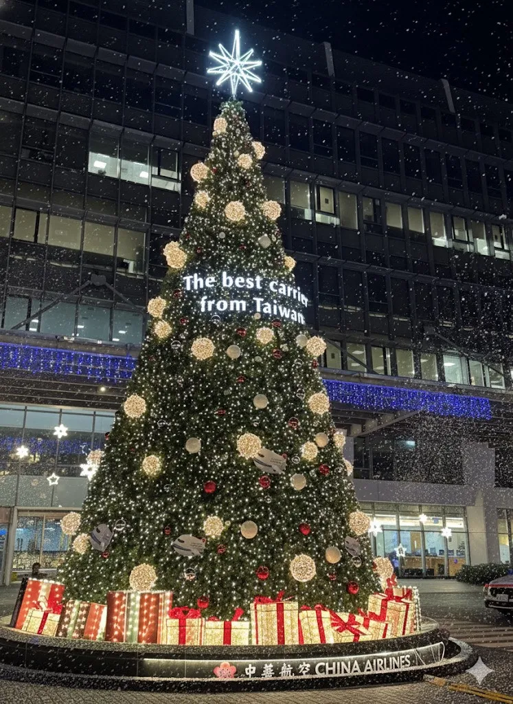 国航也欢迎全台民众搭乘桃园机场捷运来访园区，一同与圣诞树拍照打卡留念。华航提供