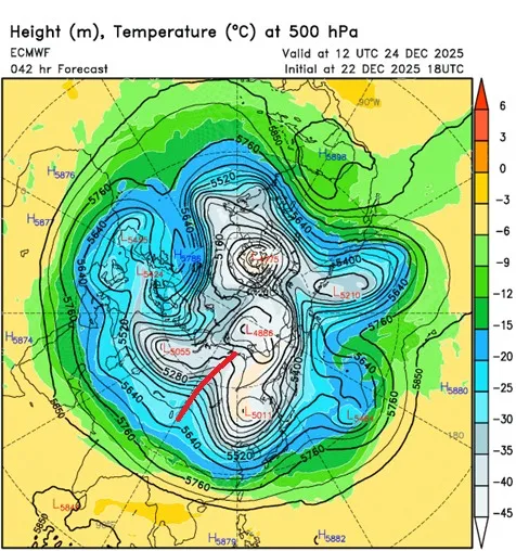 歐洲模式顯示，貝加爾湖出現脊場，冷空氣朝南方輸送。翻攝鄭明典臉書