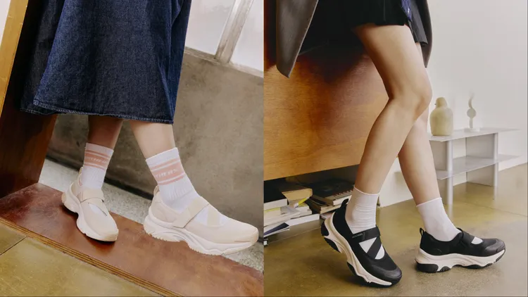 SKECHERS MOONHIKER瑪莉珍鞋厚實楔形大底搭配Z字型魔鬼氈，各2890元。品牌提供