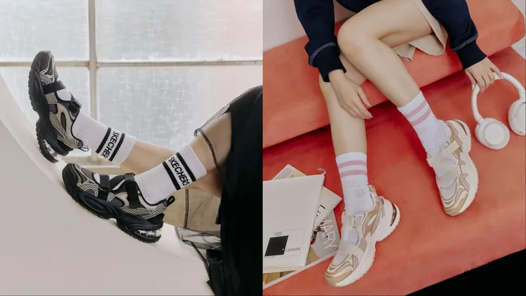 SKECHERS UNO RYZE瑪莉珍鞋以雙色拼接呈現吸睛外觀，各3290元。品牌提供