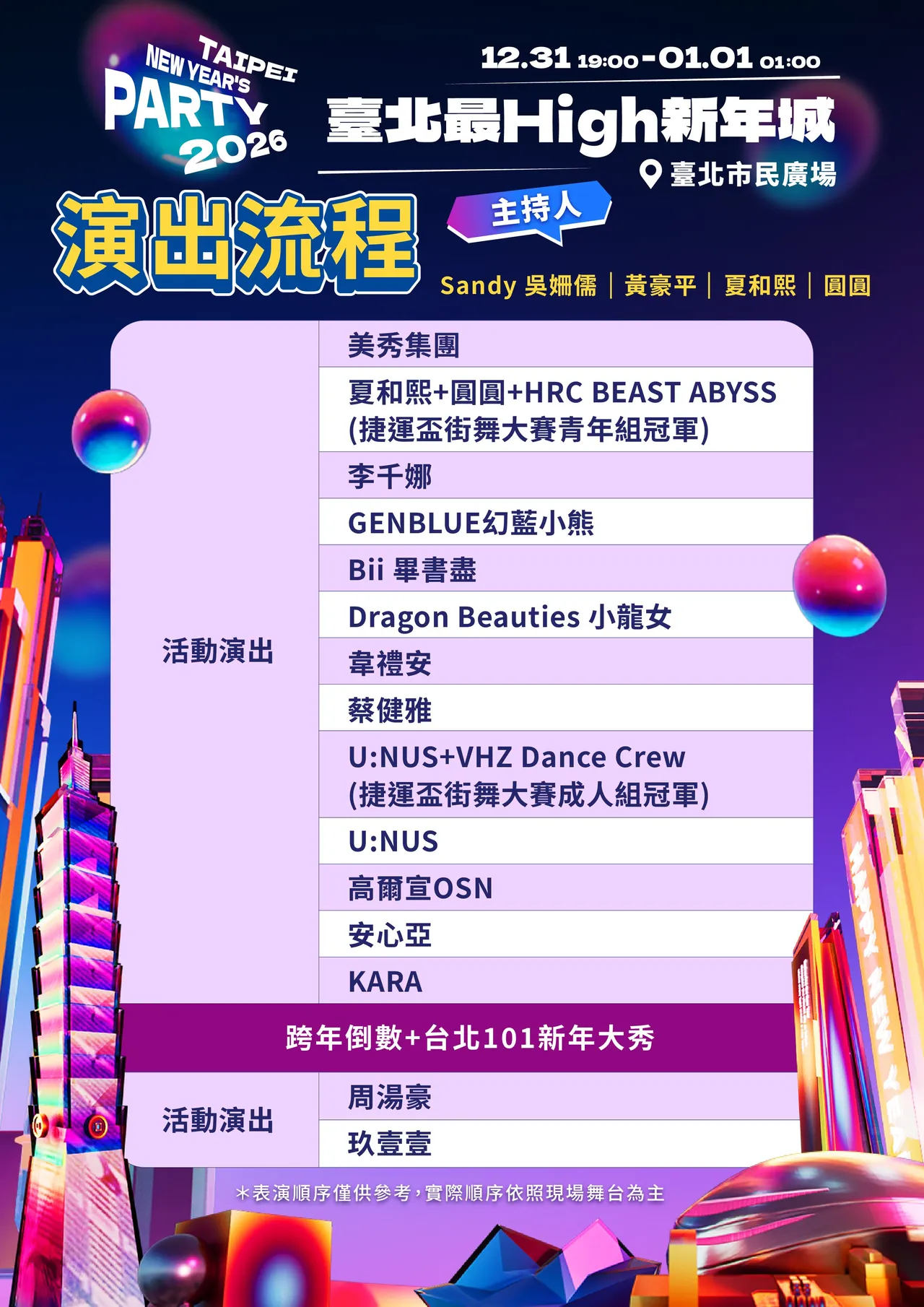 台北跨年晚会表演一览表。台北市观传局提供