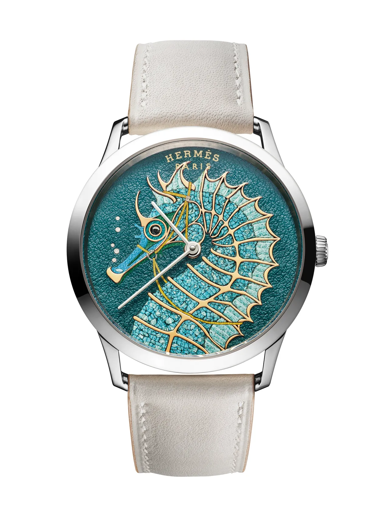 爱马仕Slim d'Hermès Hippocampe 工艺腕表，39.5mm，白K金表壳，镌刻、皮革马赛克及镶嵌工艺表盘，Swift小牛皮（混凝土色或珍珠灰色）表带，爱马仕自制H1950超薄自动上链机械机芯，动力储存48小时，防水深度30米，每款限量24只，各限量24只。品牌提供