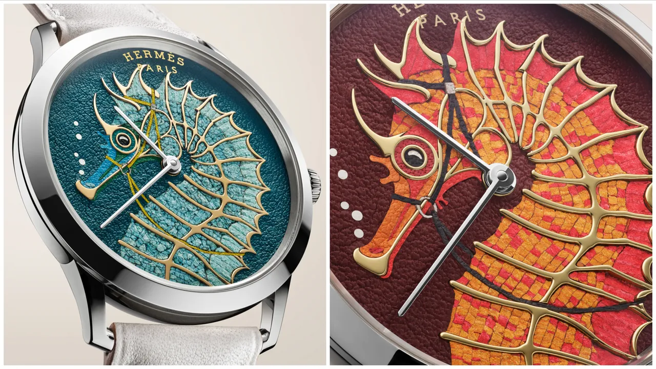 愛馬仕Slim d'Hermès Hippocampe工藝腕錶，讓倫敦插畫家Stuart Patience筆下的海馬，彷彿在錶面上輕盈游動。品牌提供