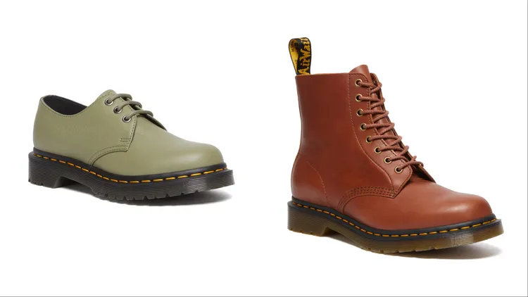 Dr. Martens 1461 Virginia Muted Olive 3孔馬汀鞋（左）特價1600元、1460 Pascal Carrara Saddle Tan 8孔馬汀靴（右）特價1800元。品牌提供